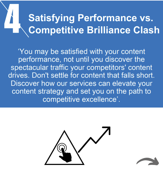 Satisfying Performance vs. Competitive Brilliance Clash ‘You may be satisfied with your content performance, not until you discover the spectacular traffic your competitors' content drives. Don't settle for content that falls short. Discover how our services can elevate your content strategy and set you on the path to competitive excellence’.