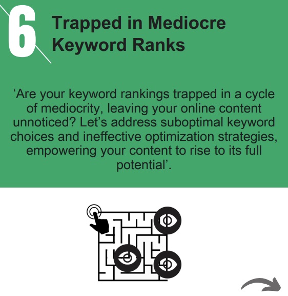 Trapped in Mediocre Keyword Ranks ‘Are your keyword rankings trapped in a cycle of mediocrity, leaving your online content unnoticed? Let’s address suboptimal keyword choices and ineffective optimization strategies, empowering your content to rise to its full potential’.