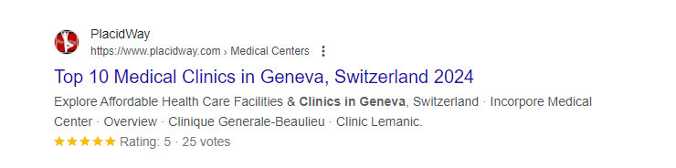 An example of a rich snippet displaying the rating of an article mentioning top 10 medical clinics in Geneva 