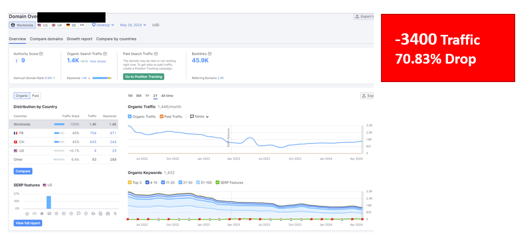 Results of a similar business that didn't work on its SEO. Significant decrease in website's traffic is noticed.