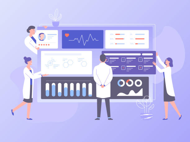 The physician doctor and the nurses analyze the patient's medical data. Big dashboard with information.