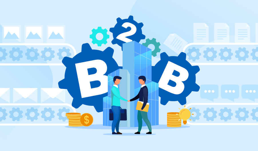 An illustration of two businessmen shaking hands in front of gears labeled "B2B", with icons of emails and documents on conveyor belts.