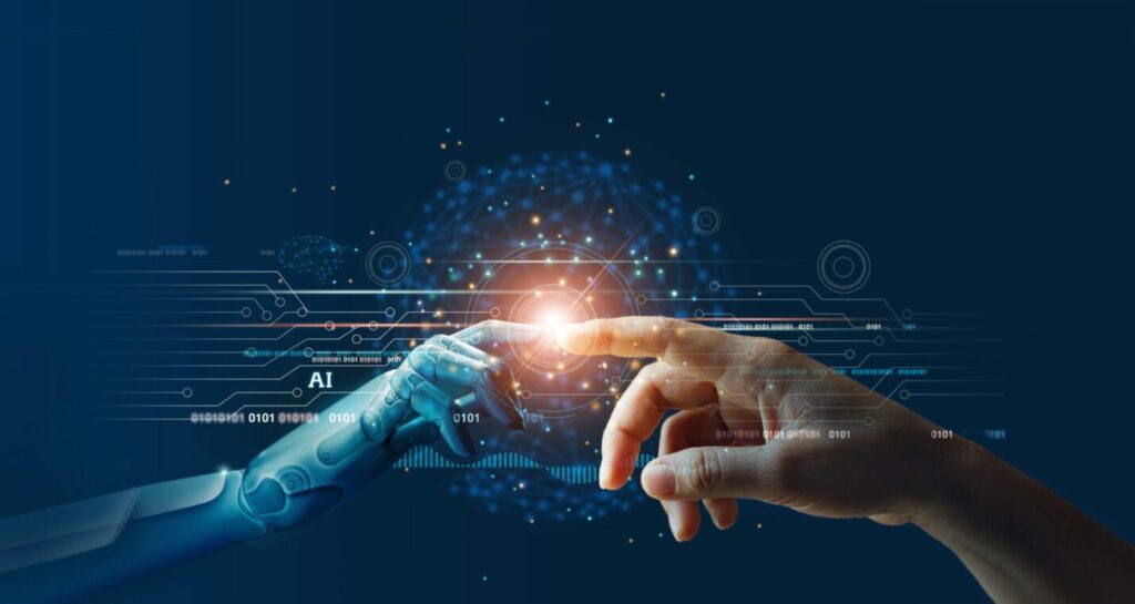Two hands reaching toward each other, one human and the other robotic, against a blue background, symbolizing the connection between humans and AI.
